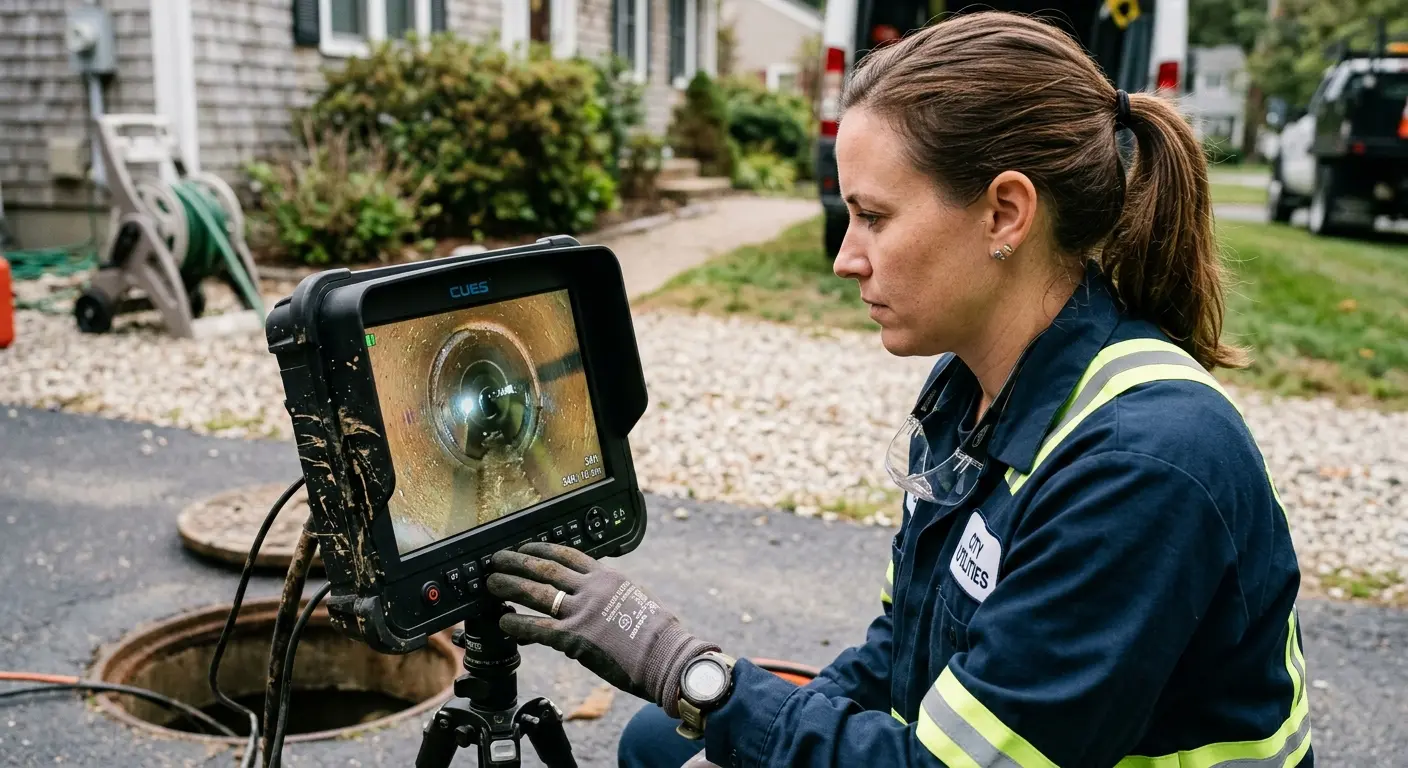 Technician reviewing sewer camera inspection footage in Peabody