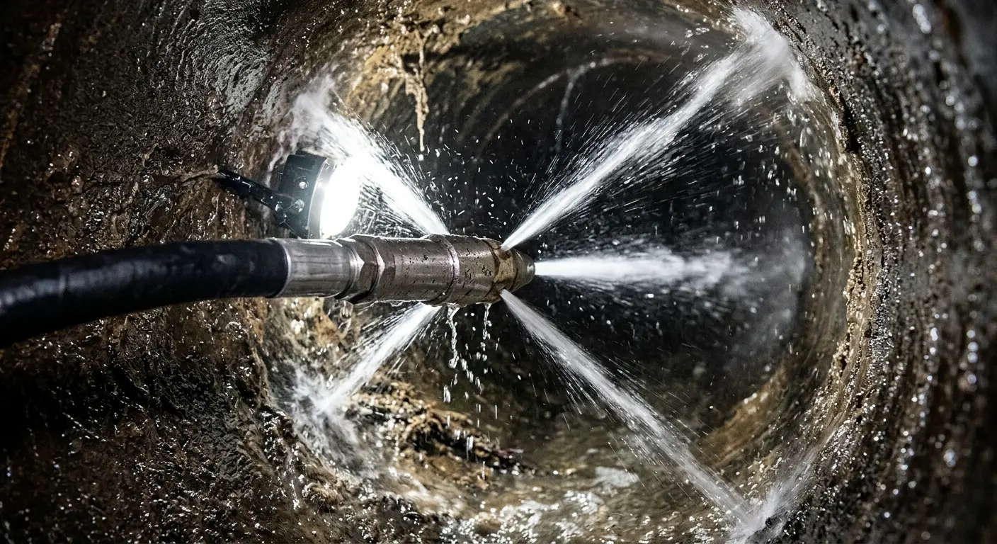 High-pressure hydro jetting nozzle cleaning sewer pipe for Trenchless Sewer Repair in Peabody