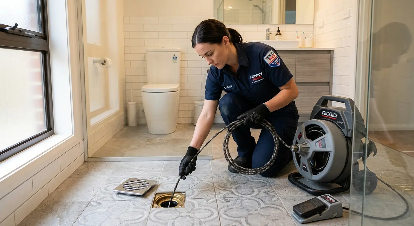 Technician clearing a bathroom floor drain for Drain Cleaning in Peabody